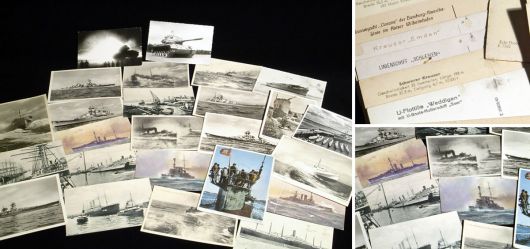 Militaria-Postkarten mit Kriegsschiffe und Panzer