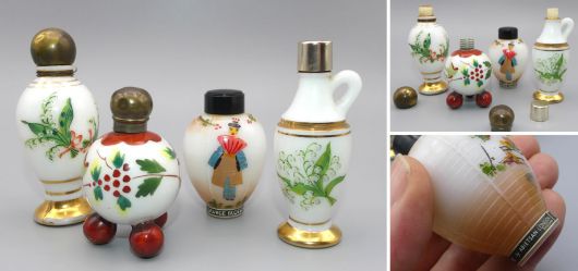 Collection of hand-painted milk glass and porcelain flacons