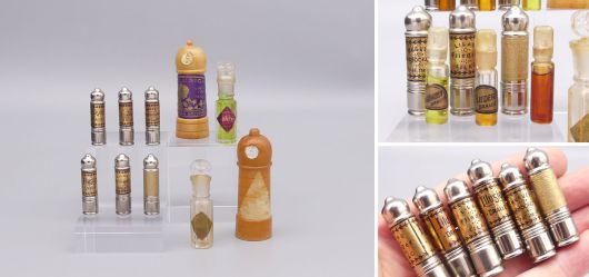 Sehr seltene Dralle Illusion Parfm Sammlung mit Holz und Metall Leuchttrmen um 1910