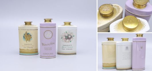 Drei historischen Blechdosen mit Puder der Marken Yardley und Elizabeth Arden 30er bis 50er Jahre