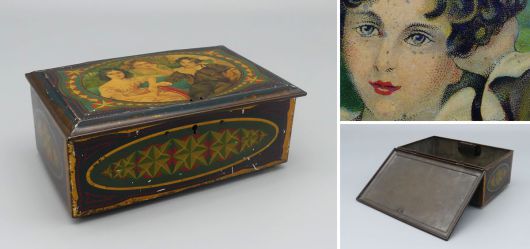 Lithografierte Reklamedose mit Damenmotiv um 1900