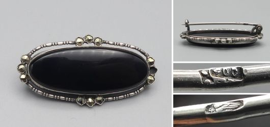 Onyx Brosche 800 Silber mit kleinen Markasiten ab 1925