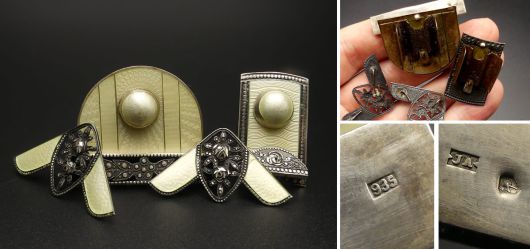 Set Wei�es Guilloche Email teils 935 Silber �sterreich nach 1922 Art D�co