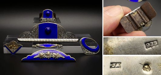 Antike Taschenbeschl�ge Set, Blaues Guilloche, Email, teils 935 Silber, �sterreich nach 1922, Art D�co