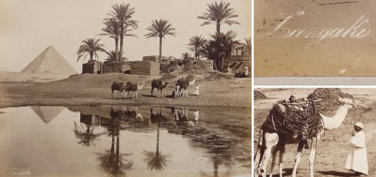 Albumin Foto, Zangaki, Village arabe et pyramide Cairo, Cheops Pyramide, um 1880