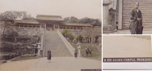 Albumin Foto, Japan, Handkoloriert, Osuwa Temple, Nagasaki, um 1890