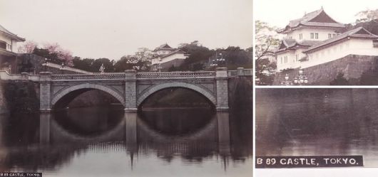 Albumin Foto, Japan, Handkoloriert, Kaiserpalast, Br�cke Tokio, um 1895