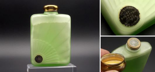 Art Deco Puderfl�schchen aus gr�nen Satin Glas, von Dubarry England, London 1930er Jahre