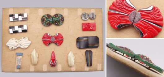 Antiker Art D�co Gablonz Musterkarton, Bakelit Dress Clips und Schnallen, Modeaccessoires, Czechoslovakia um 1930