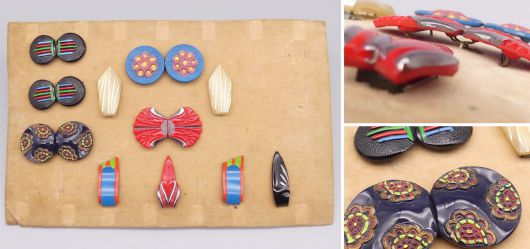Antiker Art D�co Gablonz Musterkarton, Bakelit Dress Clips und Schnallen, Modeaccessoires, Czechoslovakia um 1930