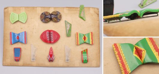 Antiker Art D�co Gablonz Musterkarton, Bakelit Dress Clips und Schnallen, Modeaccessoires, Czechoslovakia um 1930