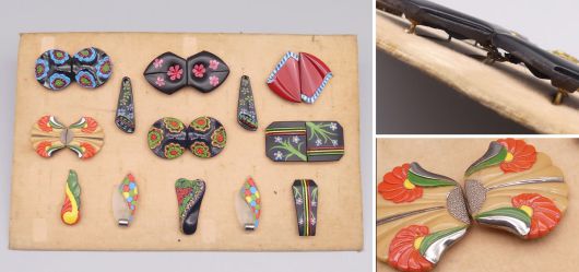 Antiker Art D�co Gablonz Musterkarton, Bakelit Dress Clips und Schnallen, Modeaccessoires, Czechoslovakia um 1930