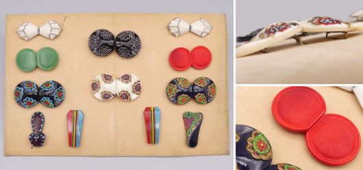 Antiker Art D�co Gablonz Musterkarton, Bakelit Dress Clips und Schnallen, Modeaccessoires, Czechoslovakia um 1930