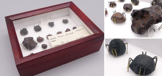 Antike Meteoriten Sammelbox, Henbury Eisenmeteorite und Tektite (Australit) aus Simpson Desert um 1980