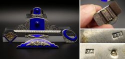 Antike Taschenbeschl�ge Set, Blaues Guilloche, Email, teils 935 Silber, �sterreich nach 1922, Art D�co