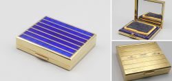 Vintage Christian Dior Puderdose, Emaille Guilloche, Blau Gold, Paris Frankreich, 1970er bis 1980er