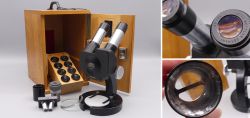 Antikes Hensoldt Wetzlar Stereo Mikroskop Binokular, Holzkiste, Okulare, Leitz, um 1950